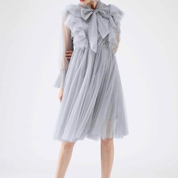 Chicwish Floral and Ruffle Bowknot Tulle Dress in Dusty Blue - Picture 6 of 7